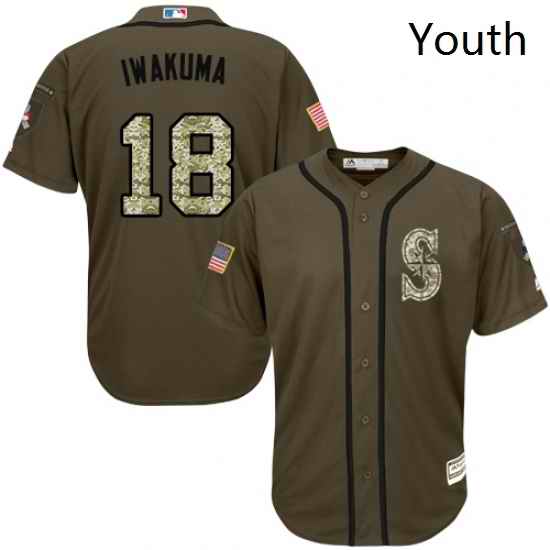Youth Majestic Seattle Mariners 18 Hisashi Iwakuma Replica Green Salute to Service MLB Jersey